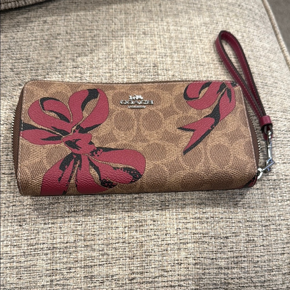 Coach Brown and Red Floral Wristlet